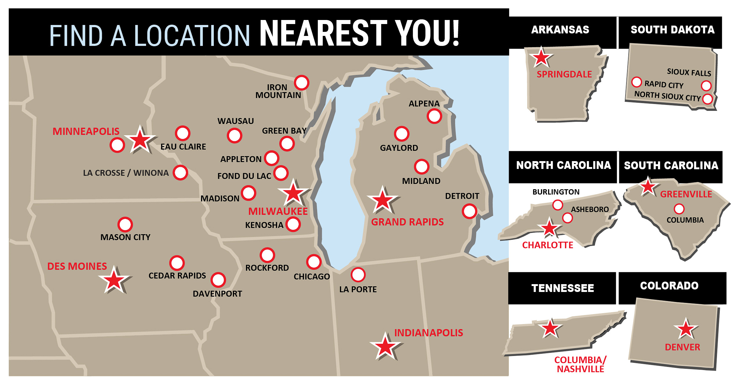 Map of locations including: Wisconsin, Minnesota, Iowa, Indiana, Michigan, Arkansas, South Dakota, North Carolina, South Carolina, and Tennessee